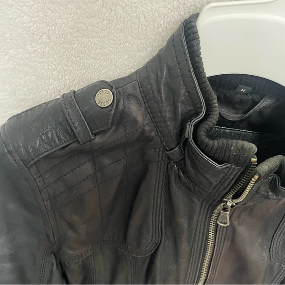 Womens GUESS LOS ANGELES LEATHER ZIP BOMBER JACKET BLACK Size M - Picture 6 of 13